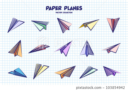Hand drawn planes on checkered paper sheet. School notebook for drawing. Doodle airplane. Aircraft icon, simple colorful plane silhouettes. Outline, line art. Vector illustration 103854942