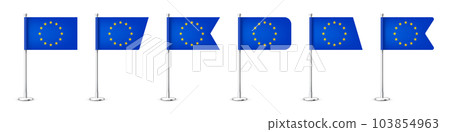 Realistic various European table flags on a chrome steel pole. Souvenir from Europe. Desk flag made of paper or fabric, shiny metal stand. Mockup for promotion and advertising. Vector illustration Realistic various European table flags on a chrome steel pole. Souvenir from Europe. Desk flag made of paper or fabric, shiny metal stand. Mockup for promotion and advertising. Vector illustration 103854963