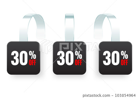 Supermarket promotional wobblers. Realistic black wobbler template for shelf advertising, 30 percent off discount. Sale label with ad text. Special offer price tag. Vector illustration Supermarket promotional wobblers. Realistic black wobbler template for shelf advertising, 30 percent off discount. Sale label with ad text. Special offer price tag. Vector illustration 103854964