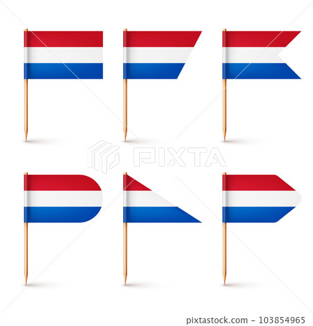 Realistic various Dutch toothpick flags. Souvenir from Netherlands. Wooden toothpicks with paper flag. Location mark, map pointer. Blank mockup for advertising and promotions. Vector illustration 103854965
