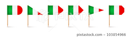 Realistic various Italian toothpick flags. Souvenir from Italy. Wooden toothpicks with paper flag. Location mark, map pointer. Blank mockup for advertising and promotions. Vector illustration Realistic various Italian toothpick flags. Souvenir from Italy. Wooden toothpicks with paper flag. Location mark, map pointer. Blank mockup for advertising and promotions. Vector illustration 103854966