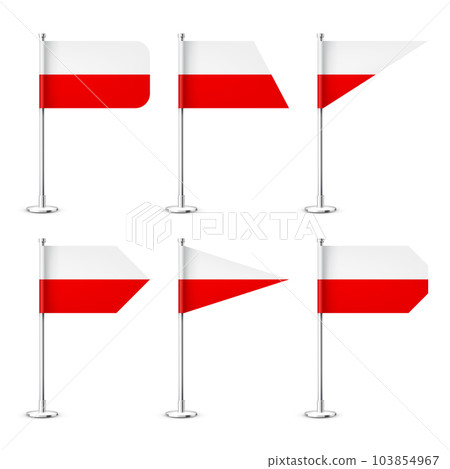 Polish table flags on a chrome steel pole. Souvenir from Poland. Desk flag made of paper or fabric, shiny metal stand. Mockup for promotion and advertising. Vector illustration Polish table flags on a chrome steel pole. Souvenir from Poland. Desk flag made of paper or fabric, shiny metal stand. Mockup for promotion and advertising. Vector illustration 103854967