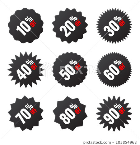 Price tags collection, special offer or shopping discount label with percent, discount percentage value. Black turned retail paper sticker. Promotional sale badge. Vector illustration 103854968