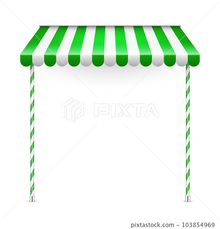 Green shop sunshade with stand holders. Realistic striped cafe awning. Outdoor market tent. Roof canopy. Summer street store. Vector illustration Green shop sunshade with stand holders. Realistic striped cafe awning. Outdoor market tent. Roof canopy. Summer street store. Vector illustration 103854969