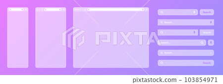 Blank transparent internet browser window with various search bar templates. Web site engine with search box, address bar and text field. UI design, website interface elements. Vector illustration 103854971