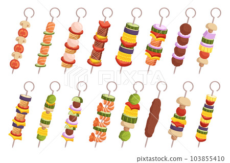 Set Of Flavorful Kebabs, Each Skewer Offering A Unique Combination Of Tender Meats, Aromatic Spices, Shrimps Set Of Flavorful Kebabs, Each Skewer Offering A Unique Combination Of Tender Meats, Aromatic Spices, Shrimps 103855410