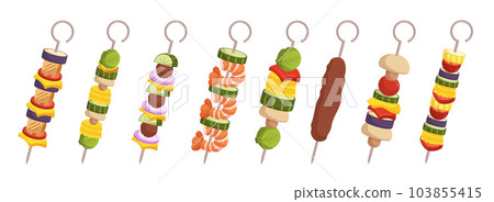 Assorted Kebab Selection Featuring Grilled Juicy Chicken, Tender Beef, Succulent Lamb, And Flavorful Vegetable Skewers 103855415
