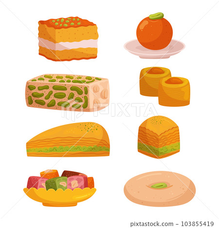 Exquisite Assortment Of Eastern Sweets, Offering Delectable Blend Of Flavors And Textures. Variety Of Traditional Treats Exquisite Assortment Of Eastern Sweets, Offering Delectable Blend Of Flavors And Textures. Variety Of Traditional Treats 103855419