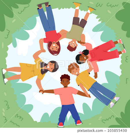 Children Holding Hands, Their Gaze Directed Downwards, Portraying Innocence, Curiosity, And A Sense Of Unity Children Holding Hands, Their Gaze Directed Downwards, Portraying Innocence, Curiosity, And A Sense Of Unity 103855430