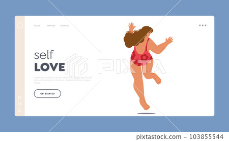 Self Love Landing Page Template. Energetic, Joyful, A Plump Female Character In A Swimsuit Defies Societal Norms Self Love Landing Page Template. Energetic, Joyful, A Plump Female Character In A Swimsuit Defies Societal Norms 103855544