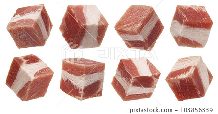 Italian pancetta, bacon cubes isolated on white background 103856339