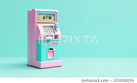 Cute pastel color ATM machine in room with copy space background. Cute pastel color ATM machine in room with copy space background. 103856859