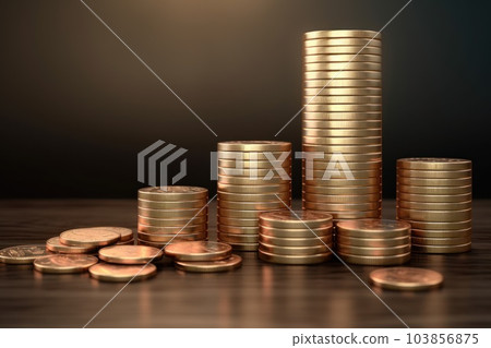 Stack of coins on table in pastel room with copy space background. Money saving management concept. 103856875