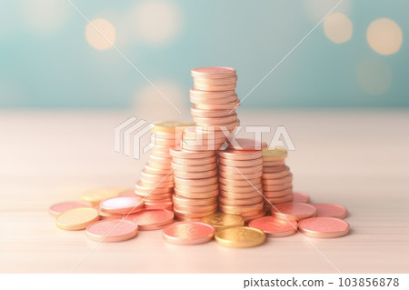 Stack of coins on table in pastel room with copy space background. Money saving management concept. Stack of coins on table in pastel room with copy space background. Money saving management concept. 103856878