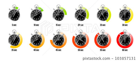 Realistic classic stopwatch. Shiny metal chronometer, black time counter with dial. Colorful countdown timer showing minutes, seconds. Time measurement for sport, start or finish. Vector illustration 103857131