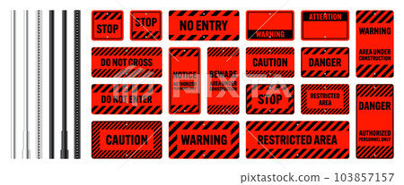 Warning, danger signs, attention banners with metal poles. Red caution sign, construction site signage. Notice signboard, warning banner, road shield. Vector illustration Warning, danger signs, attention banners with metal poles. Red caution sign, construction site signage. Notice signboard, warning banner, road shield. Vector illustration 103857157