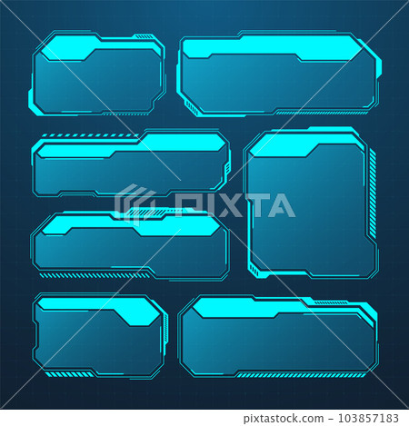 Blue futuristic HUD or UI elements. Sci-fi user interface text boxes, callouts. Warning message frames, information boxes template. Modern game interface layout in digital style. Vector illustration 103857183