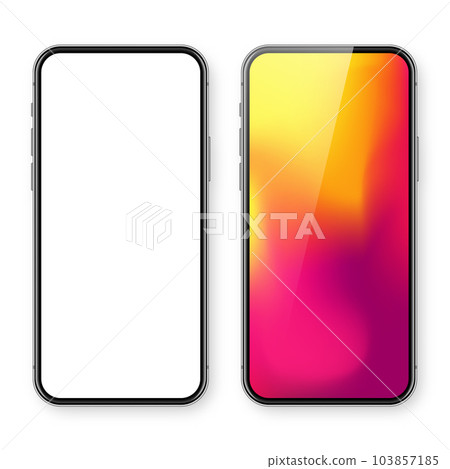 Smartphone with blank touch screen and abstract colorful background, wallpaper. Frameless mobile phone in front view. High quality detailed device mockup. Vector illustration Smartphone with blank touch screen and abstract colorful background, wallpaper. Frameless mobile phone in front view. High quality detailed device mockup. Vector illustration 103857185