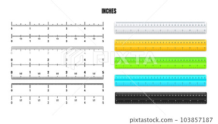 Realistic plastic rulers with black inch scale for measuring length or height. Various measurement scales with divisions. Ruler, tape measure marks, size indicators. Vector illustration 103857187
