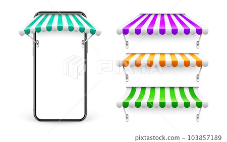 Smartphone with shop sunshade and metal mount, online internet shopping. Realistic striped cafe awning. Outdoor market tent. Roof canopy. Summer street store. Vector illustration Smartphone with shop sunshade and metal mount, online internet shopping. Realistic striped cafe awning. Outdoor market tent. Roof canopy. Summer street store. Vector illustration 103857189