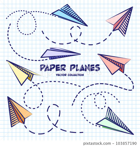 Hand drawn planes on checkered paper sheet. School notebook for drawing. Doodle airplane, dotted route line. Aircraft icon, simple colorful plane silhouettes. Outline, line art. Vector illustration Hand drawn planes on checkered paper sheet. School notebook for drawing. Doodle airplane, dotted route line. Aircraft icon, simple colorful plane silhouettes. Outline, line art. Vector illustration 103857190