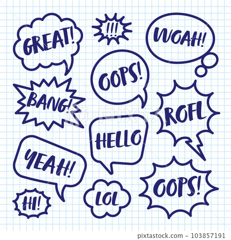 Hand drawn comic speech bubbles on checkered paper sheet. School notebook for drawing. Simple retro cartoon stickers. Chatting, message box. Vector illustration Hand drawn comic speech bubbles on checkered paper sheet. School notebook for drawing. Simple retro cartoon stickers. Chatting, message box. Vector illustration 103857191