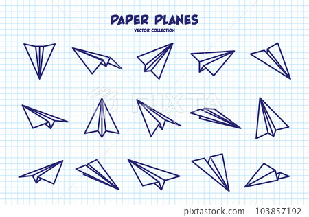 Hand drawn planes on checkered paper sheet. School notebook for drawing. Doodle airplane. Aircraft icon, simple monochrome plane silhouettes. Outline, line art. Vector illustration Hand drawn planes on checkered paper sheet. School notebook for drawing. Doodle airplane. Aircraft icon, simple monochrome plane silhouettes. Outline, line art. Vector illustration 103857192