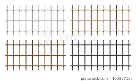 Realistic shiny metal prison bars isolated on white background. Detailed jail cage, prison iron fence. Criminal background mockup. Vector illustration Realistic shiny metal prison bars isolated on white background. Detailed jail cage, prison iron fence. Criminal background mockup. Vector illustration 103857193