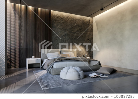 Modern bedroom interior design contemporary, with natural tones on the room, walls, floor and ceiling. rendering illustration 103857283