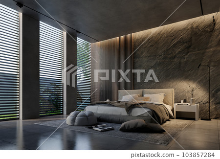 Modern bedroom interior design contemporary, with natural tones on the room, walls, floor and ceiling. rendering illustration 103857284