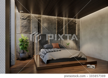 Modern bedroom interior design contemporary, with natural tones on the room, walls, floor and ceiling. rendering illustration 103857389