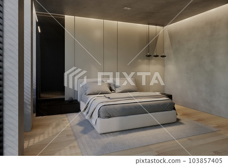 Modern bedroom interior design contemporary, with natural tones on the room, walls, floor and ceiling. rendering illustration 103857405