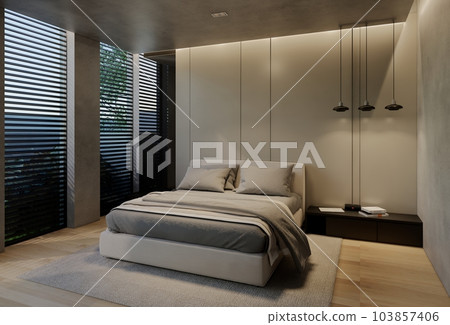 Modern bedroom interior design contemporary, with natural tones on the room, walls, floor and ceiling. rendering illustration Modern bedroom interior design contemporary, with natural tones on the room, walls, floor and ceiling. rendering illustration 103857406