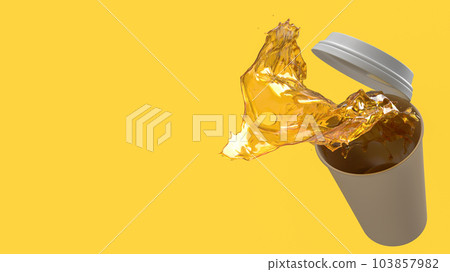 spilled coffee cup on yellow background  3d rendering 103857982