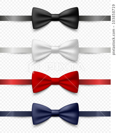 Vector 3d Realistic Blue, Black, Red, White Bow Tie Icon Set Closeup Isolated. Silk Glossy Bowtie, Tie Gentleman. Mockup, Design Template. Bow tie for Man. Mens Fashion, Fathers Day Holiday 103858719