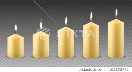 Vector 3d Realistic Yellow, Orange Paraffin Wax Burning Party, Spa Candle Set with Flame of a Candle, Isolated. Different Size Collection. Design Template, Front View 103858721