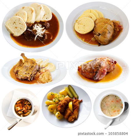 Set of czech cuisine dishes at plates isolated on white Set of czech cuisine dishes at plates isolated on white 103858804