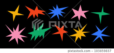 Colorful sharp shapes collection. Bright irregular sparks and twinkles set. Abstract edgy sparkles and stars element pack. Asymmetry angular forms bundle for banner, collage, poster, sticker. Vector  103859837