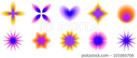 Smooth blurred gradient flowers, stars and heart set. Y2K blurry aura shape collection. Colorful abstract trendy elements for logo, templates, badges, stickers, collages. Vector pack Smooth blurred gradient flowers, stars and heart set. Y2K blurry aura shape collection. Colorful abstract trendy elements for logo, templates, badges, stickers, collages. Vector pack 103860706