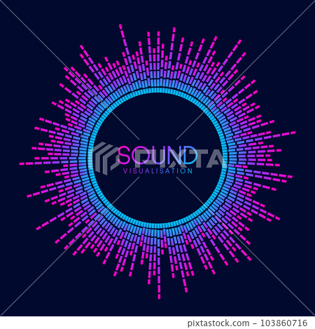 Circle sound wave visualisation. Pixelated music player equalizer. Radial audio signal or vibration element. Voice recognition. Epicenter, target, radar, radio icon concept on dark background. Vector 103860716