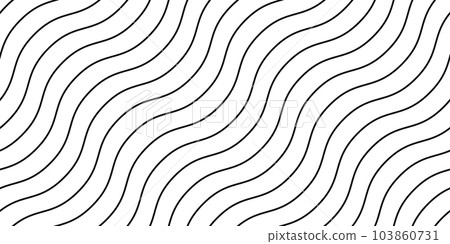 Wavy lines seamless pattern. Undulate stripes repeating background. Black and white diagonal waves texture. Bent and curved linear wallpaper. Textile and guilloche swatch design template. Vector 103860731