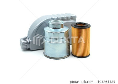 Car oil filters and motor oil can over white Car oil filters and motor oil can over white 103861185