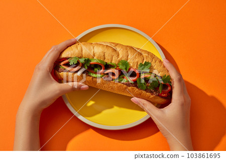 Female hands are holding the ends of the bread and prepare to lift it for breakfast. Bread placed on a round yellow plate on orange background. Top view, creative flat lay 103861695
