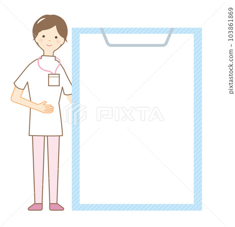 A female nurse with a notice board from the hospital (no letters) 103861869