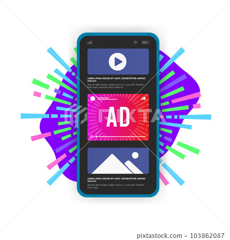 Native Online Advertising concept. Programmatic targeted ads marketing strategy. Mobile website with advertising media banner block. Boost digital marketing with native ads Native Online Advertising concept. Programmatic targeted ads marketing strategy. Mobile website with advertising media banner block. Boost digital marketing with native ads 103862087