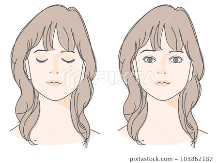 閉著眼睛的女人和睜著眼睛的女人的臉，正面特寫插圖集，棕色頭髮，捲髮，中長 103862187
