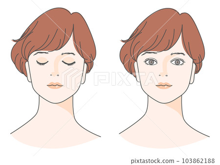 閉眼女性和睜眼女性的臉正面特寫插圖集紅髮短鮑勃棕色頭髮 103862188