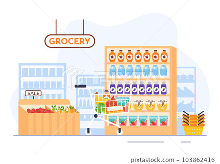 Food Grocery Store Shopping Vector Illustration with Foods Items and Products Assortiment on the Supermarket in Flat Cartoon Hand Drawn Templates 103862416