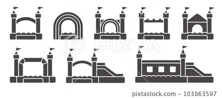 Bouncy inflatable castle icons set. Vector trampoline pictograms for jumping game isolated on white background. Black glyph illustration 103863597