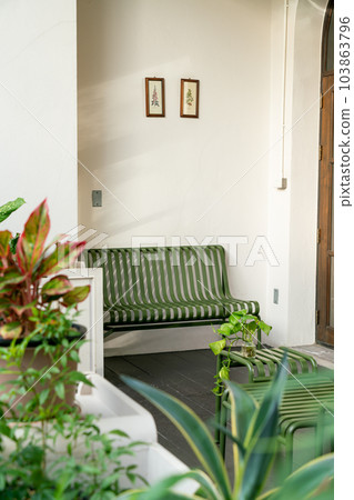 empty green bench on balcony empty green bench on balcony 103863796